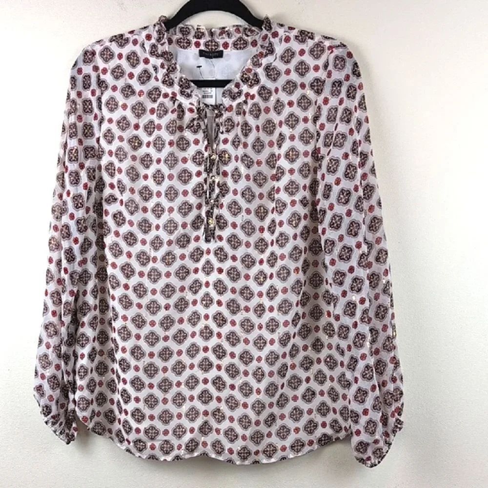 Talbot's Ruffle Neck Long Sleeve Blouse Top Ditsy Medallion NWT Size M